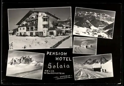 AK Selva /Val Gardena, Pension Hotel Solaia con paesaggi innevati e sciatori nel Gruppo del Sella