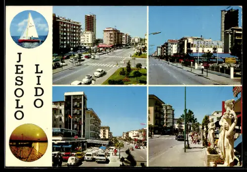AK Jesolo Lido, Viste multiple di strade, edifici e una statua lungo la passeggiata