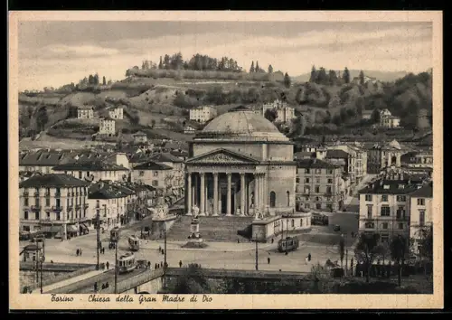 AK Torino, Chiesa della Gran Madre di Dio con tram in Piazza