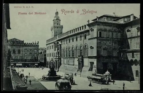 AK Bologna, Piazza del Nettuno con fontana e edifici storici