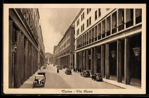 AK Torino, Via Roma con automobili d`epoca e architettura urbana