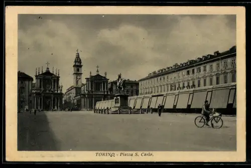 AK Torino, Piazza S. Carlo con ciclista e chiese sullo sfondo