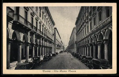 AK Torino, Via Roma Nuova con automobili parcheggiate lungo i portici