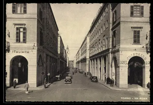 AK Torino, Via Roma con automobili d`epoca e passanti, Bar Cristallo