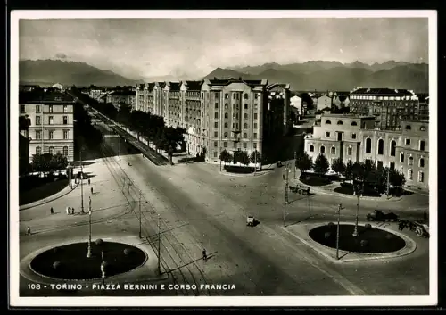 AK Torino, Piazza Bernini e Corso Francia, veduta panoramica con strade e edifici