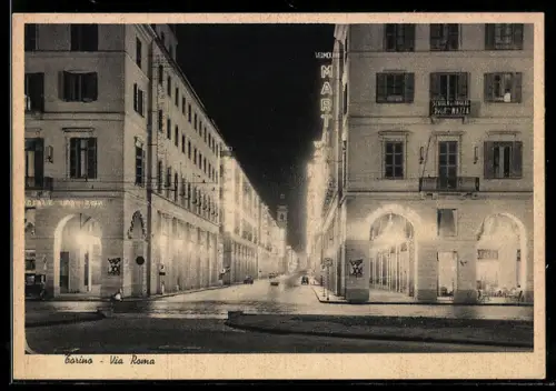 AK Torino, Via Roma di notte con insegne luminose