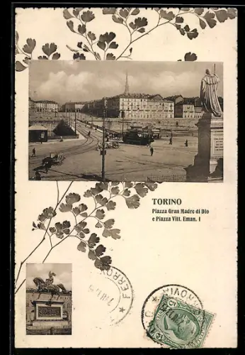 AK Torino, Piazza Gran Madre di Dio e Piazza Vitt. Eman. I con tram e carrozze