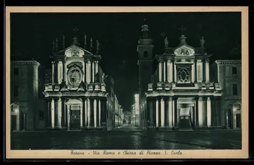 AK Torino, Via Roma e Chiesa di Piazza S. Carlo illuminata di notte