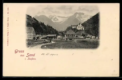 AK Sand in Taufers, Vista del paese con castello e montagne sullo sfondo