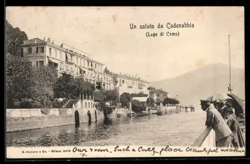 AK Cadenabbia /Lago di Como, Vista sul lungolago e persone sotto ombrelli