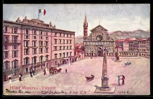 AK Firenze, Hotel Minerva e Basilica di Santa Maria Novella con obelisco in primo piano