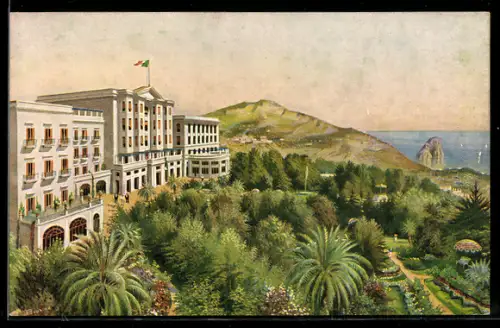 Künstler-AK Capri, Quisisana & Grand Hotel con vista panoramica sul paesaggio circostante