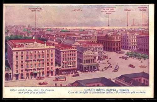 AK Genova, Grand Hôtel Isotta e Piazza con tram e carrozze