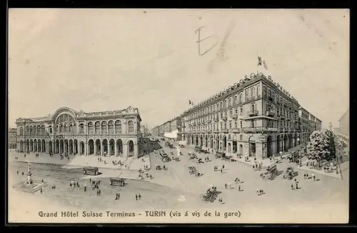 Lithographie Turin, Grand Hôtel Suisse Terminus vis à vis de la gare