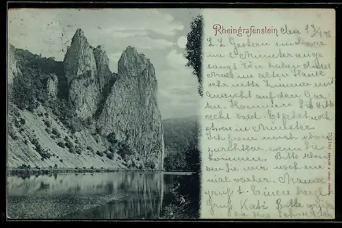 Mondschein-AK Rheingrafenstein, Panorama vom Ufer aus