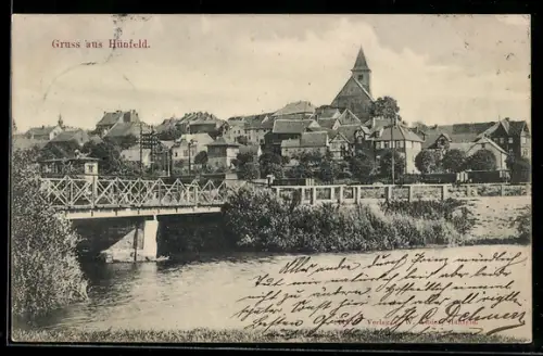 AK Hünfeld, Ortsansicht mit Brücke und Fluss