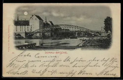 Mondschein-AK Straubing, Donau-Brücke mit Flusspartie