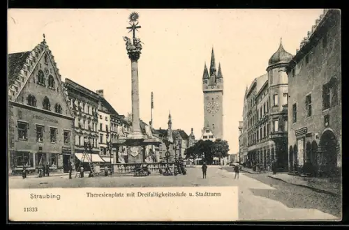AK Straubing, Theresienplatz mit Dreifaltigkeitssäule und Stadtturm