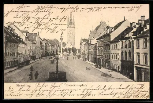 AK Straubing, Theresienplatz mit Blick auf den Stadtturm