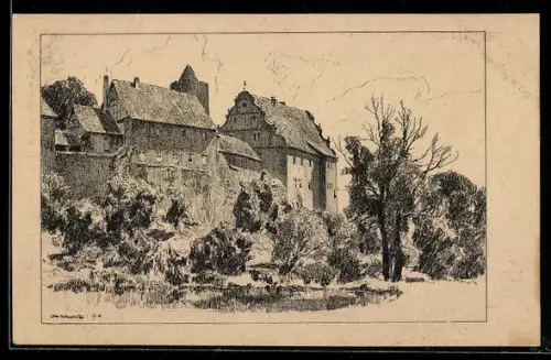 Künstler-AK Otto Ubbelohde: Schlitz /Hessen, Ortsansicht an der Stadtmauer