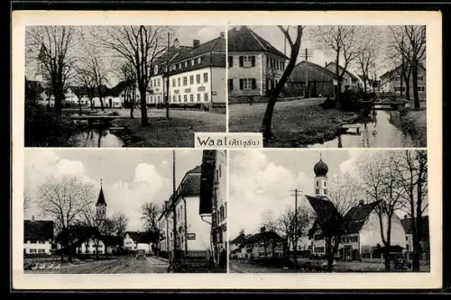 AK Waal /Allgäu, Ortsansichten mit Flusspartien und Kirchturm