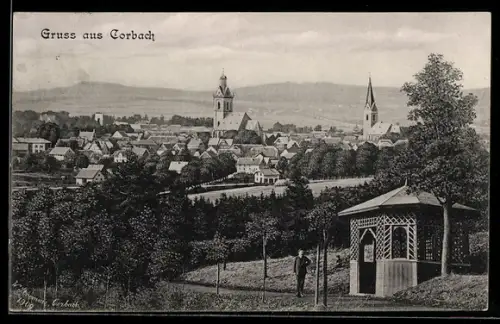 AK Corbach, Gesamtansicht mit Pavillon am Ortsrand