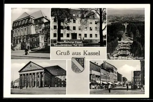 AK Kassel, Jugendherberge Tannenwäldchen, Blick vom Herkules, Markt und Strassenpartie