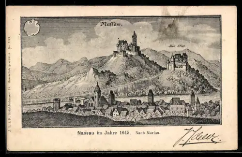 AK Nassau, Ortsansicht im Jahre 1645 nach Merian