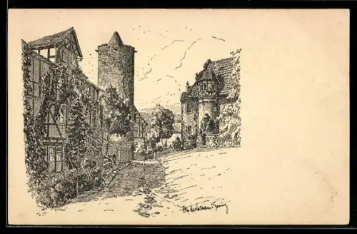 Künstler-AK Schlitz, Blick vom Kirchplatz auf die Hinterburg