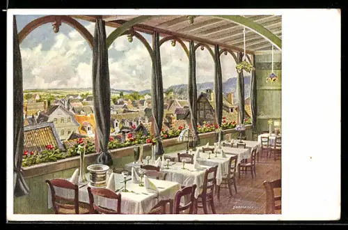 Künstler-AK Lauterbach, Terrasse von Hotel und Pension Schüz