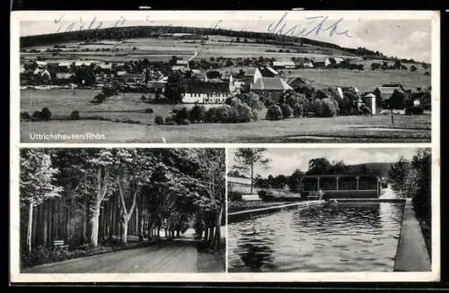 AK Uttrichshausen /Rhön, Ortsansicht, Schwimmbad und Allee