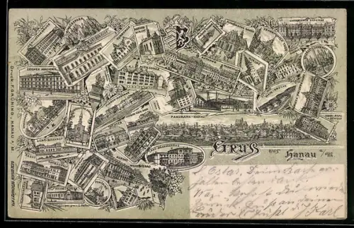 Lithographie Hanau a. M., Panorama, Ulanenkaserne, Nordbahnhof, Mittelschule, Landkrankenhaus