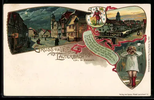 Lithographie Lauterbach i. Hessen, Strassenansicht, Brücke, Kinderdarstellung
