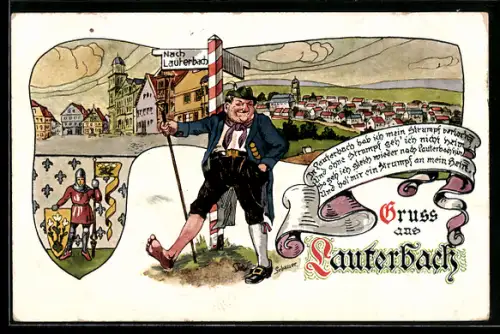 Künstler-AK Lauterbach /Hessen, Ortsansicht, Wappen und wandernder Mann