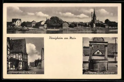AK Dörnigheim am Main, Strasse mit Rathaus, Alter Brunnen, erbaut 1717