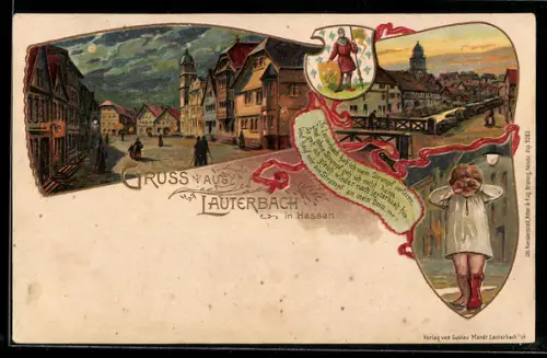 Lithographie Lauterbach i. Hessen, Marktplatz, Brücke, Stadtwappen
