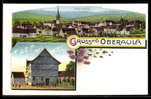 Lithographie Oberaula, Totalansicht, Gasthaus v. Heinrich Schüssler