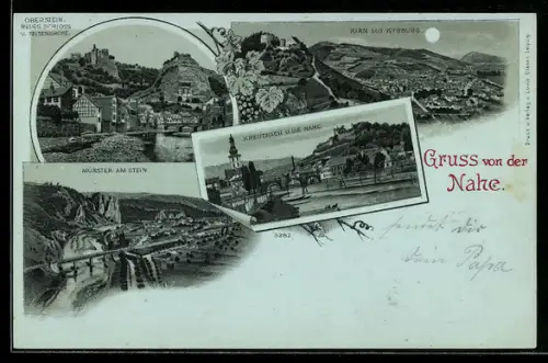 Mondschein-Lithographie Kreuznach, Ortsansicht, Münster am Stein, Kirn mit Kyrburg