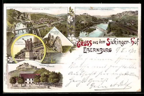 Lithographie Ebernburg, Gasthaus Sickinger-Hof, Bes. W. Schmuck, Rheingrafenstein