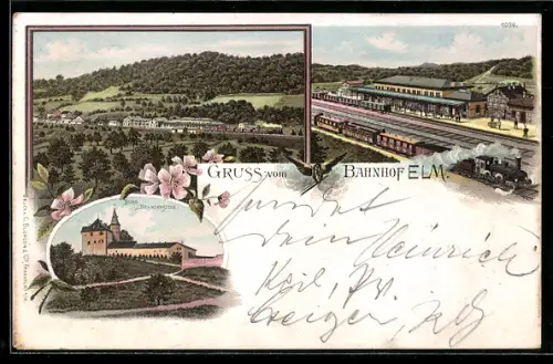 Lithographie Elm, Bahnhof, Burg Brandenstein, Ortsansicht