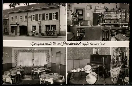AK Schwabenheim bei Ingelheim, Gasthaus Krone, Inh. Hans Schmitt, Aussenansicht, Schankraum, Gaststube