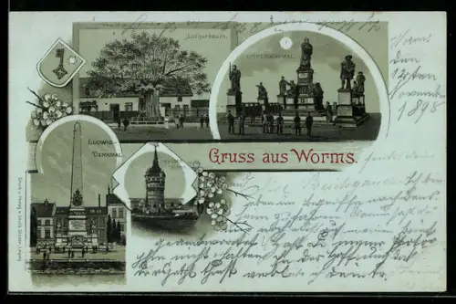 Mondschein-Lithographie Worms, Lutherdenkmal, Lutherbaum, Ludwigsdenkmal