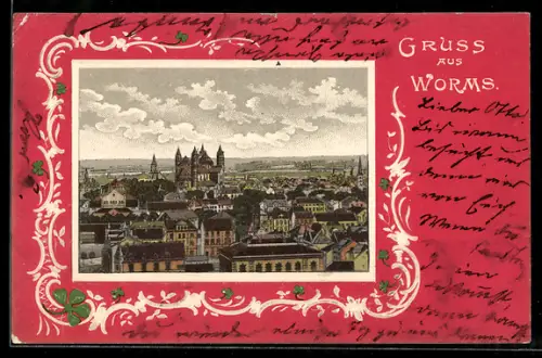 Präge-Lithographie Worms, Ortspanorama im Passepartout mit Kleeblättern