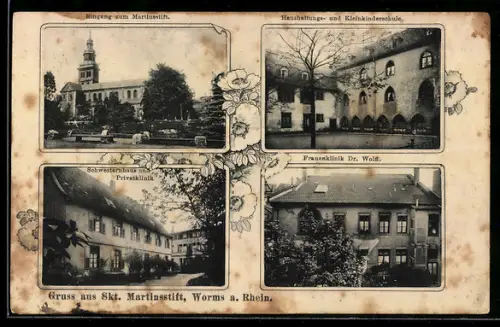 AK Worms a. Rhein, Eingang zum Martinsstift, Schwesternhaus und Privatklinik, Frauenklinik Dr. Wolff