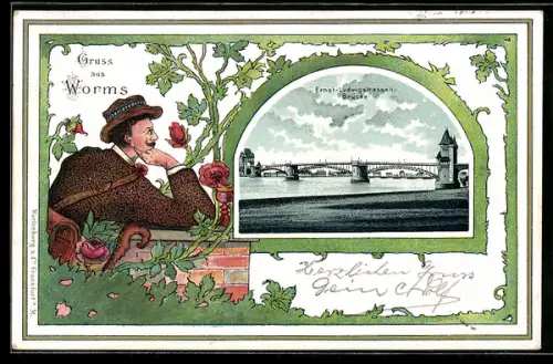 Passepartout-Lithographie Worms, Ernst-Ludwigsbrücke, Wanderer mit Rosenstrauch