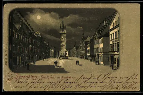 Mondschein-Lithographie Straubing, Stadtplatz im Vollmondlicht