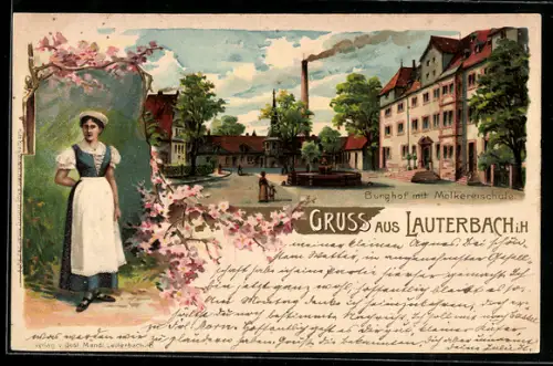 Lithographie Lauterbach i. H., Burghof mit Molkereischule