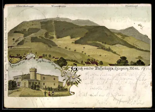 Künstler-AK Wasserkuppe /Rhöngebirge, Panorama mit Abtsröderkuppe, Pferdskopf und Restaurant Carl Sorg