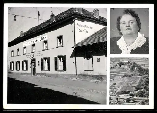 AK Ebernburg /Pfalz, Gasthaus Tante Ida, Aussenansicht mit Porträt