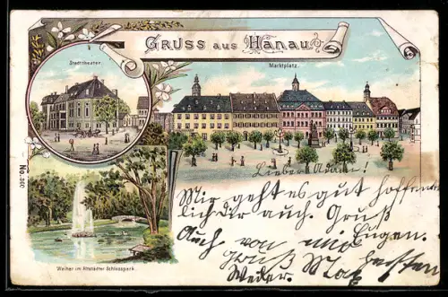 Lithographie Hanau, Marktplatz, Stadttheater, Weiher im Altstädter Schlosspark